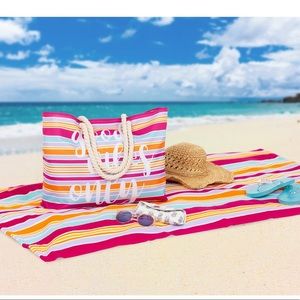 "Good Vibes Only" Striped beach tote with matching beach towel. Super cute! NWOT